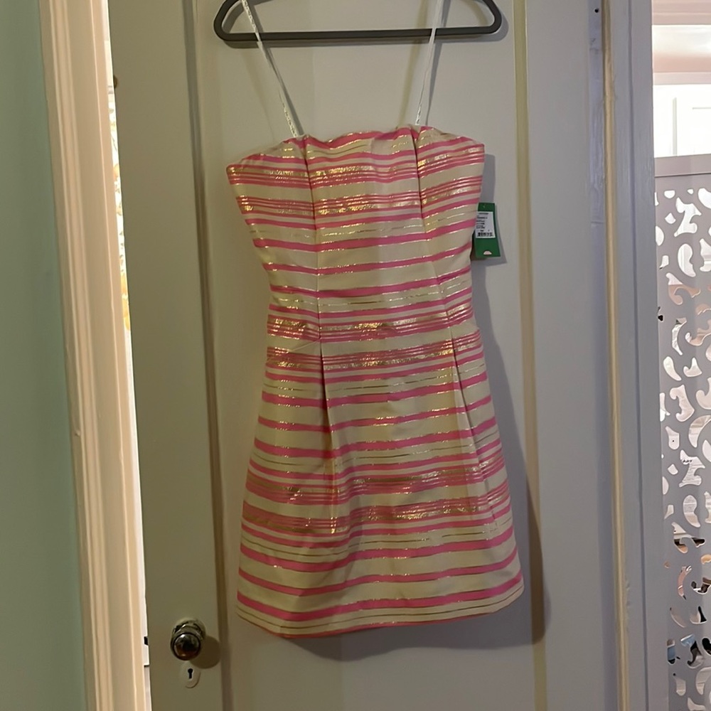 NWT Lilly Pulitzer Sherry dress. Pink and cream with gold accents.